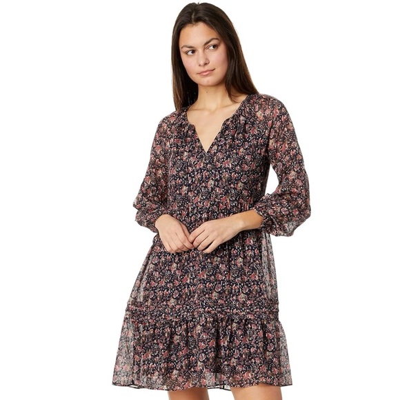 Faherty Silk Sage Wood Tiered Long Sleeve Shift Dress Womens Size Large Bohemian - Picture 2 of 14